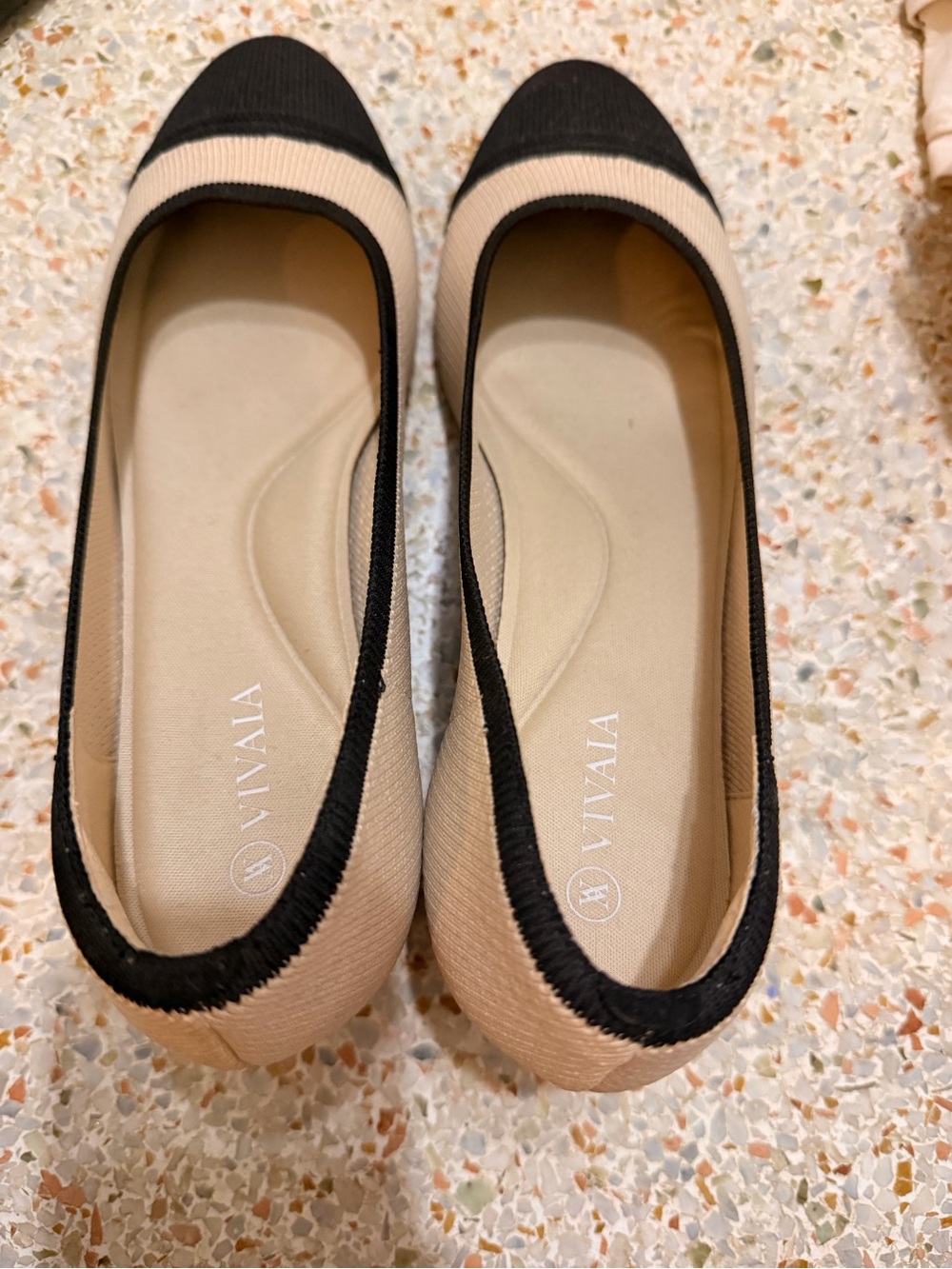 VIVAIA Beige and Black Cap-Toe Ballet Flats